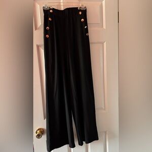 Women’s Black Wide Leg Pants Gold Button Detail High Waist Stretch Trousers